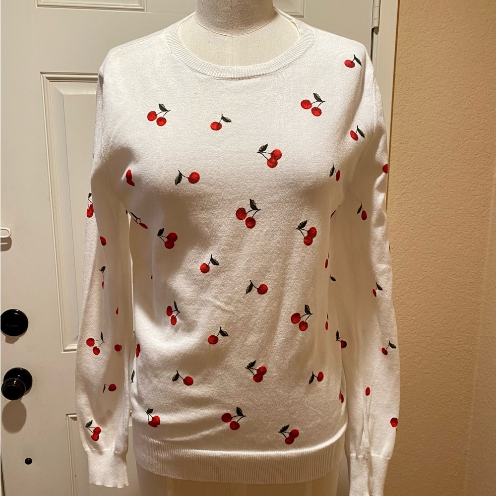 Cute White Sweater with Cherries